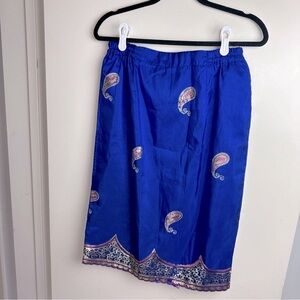 Vintage Blue Embroidered Gold Sequins Paisley All Over Embellished Trim Skirt